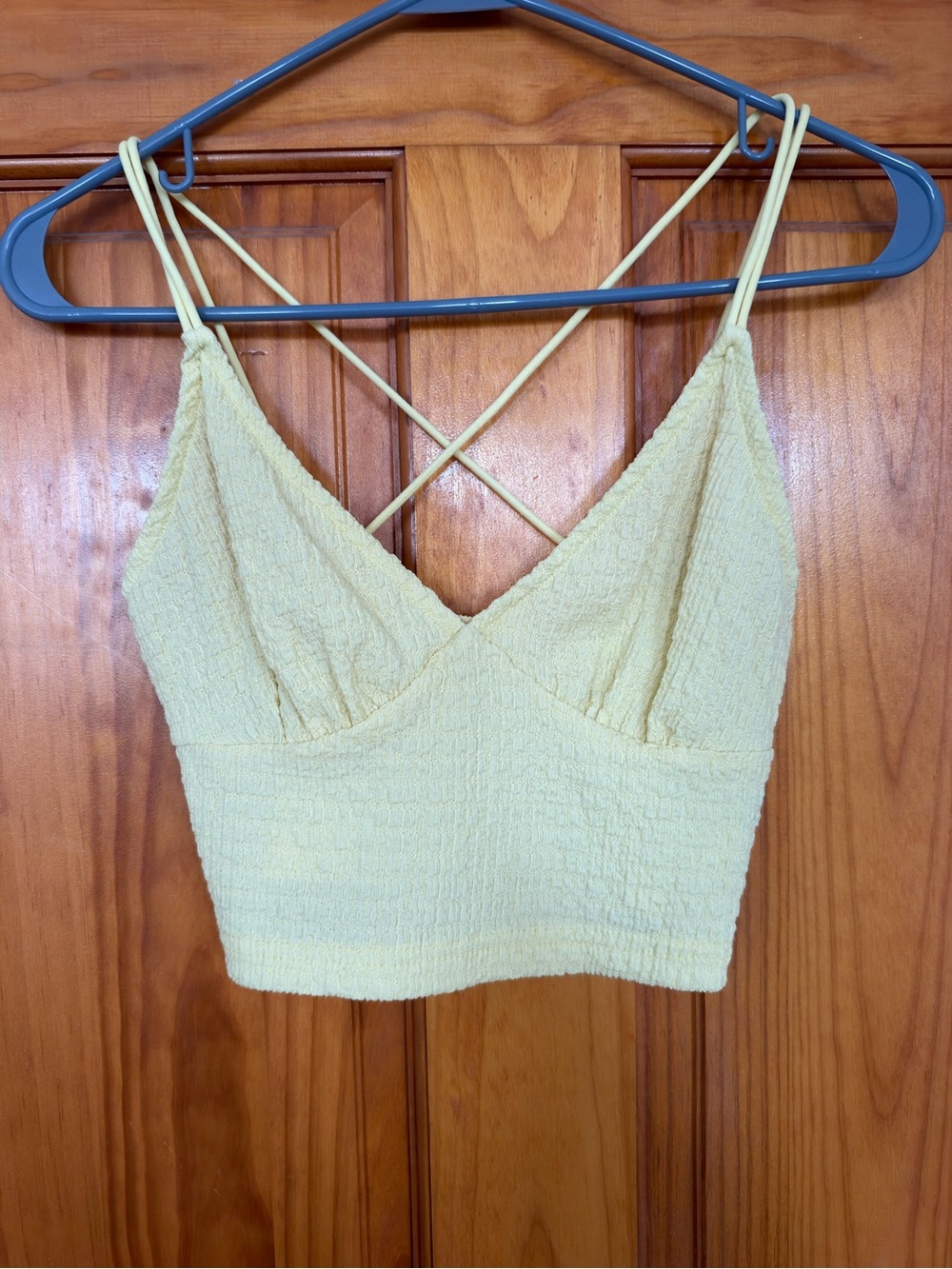 SHEIN Pale Yellow Textured Cropped Cami with Crisscross Straps